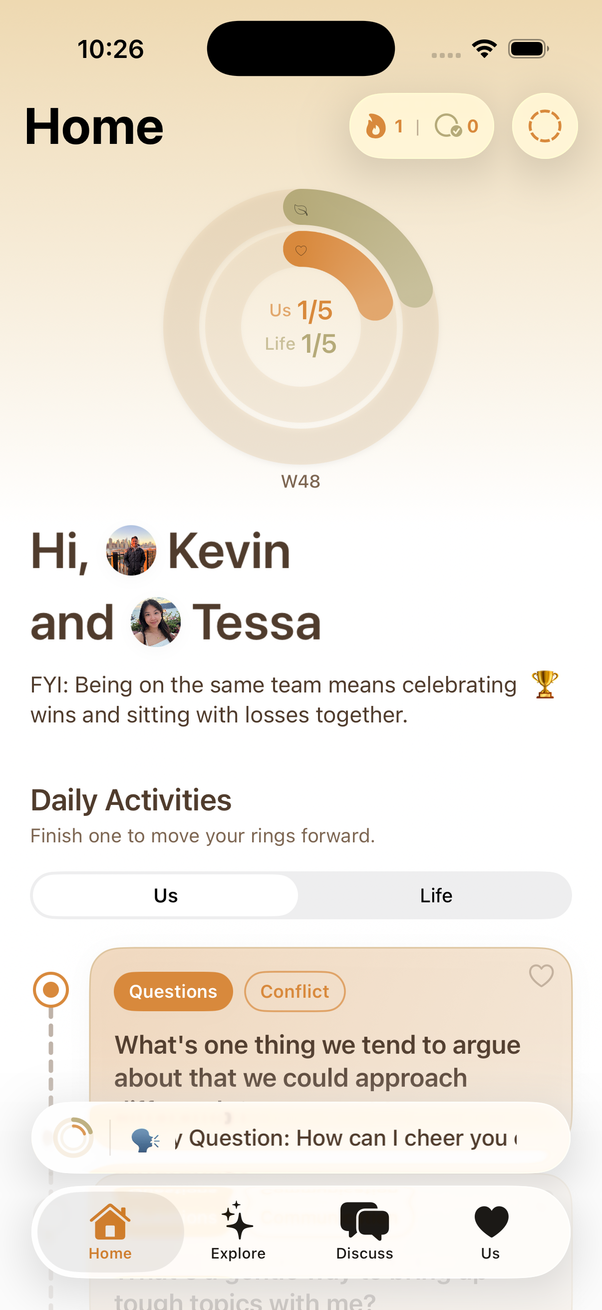 Woven home screen showing Us and Life progress rings