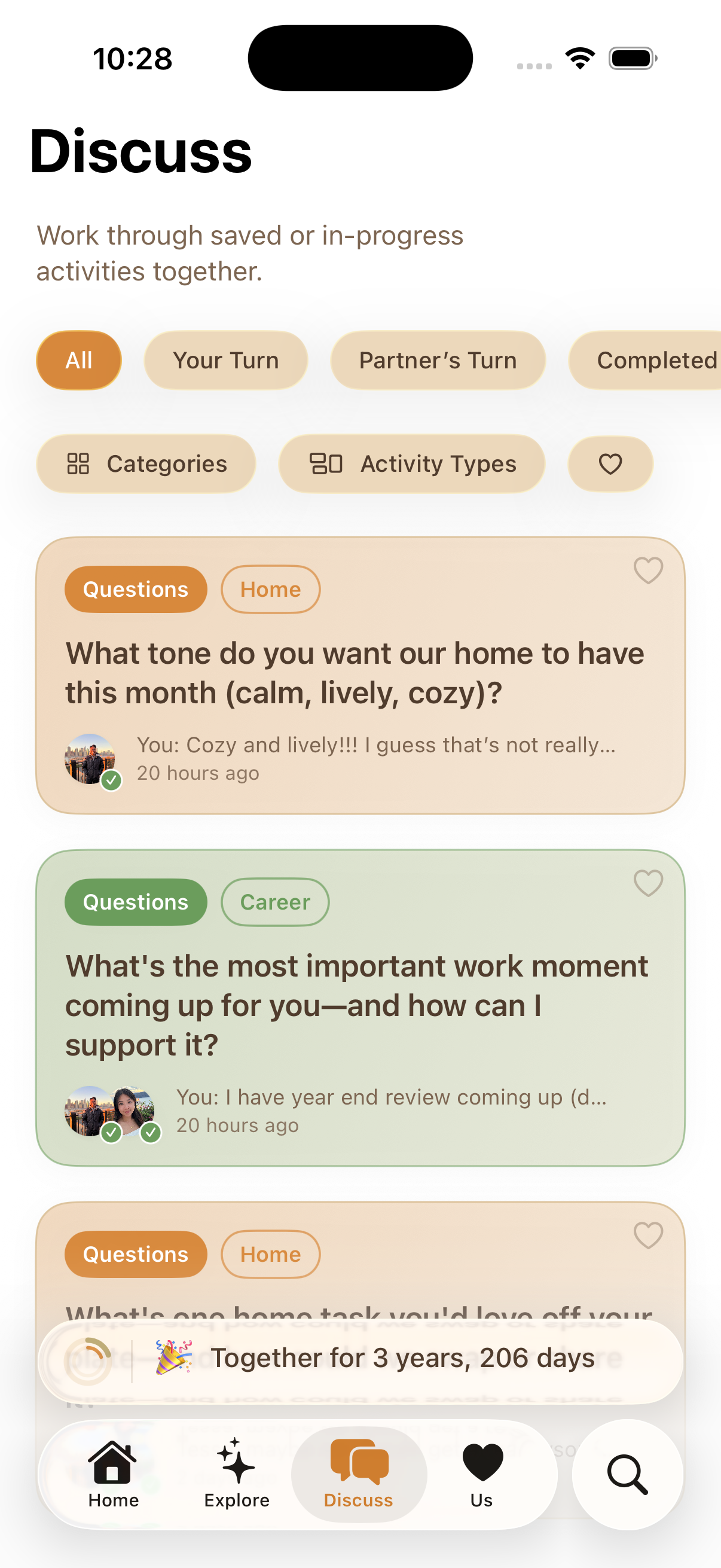 Woven discuss screen showing conversation topics